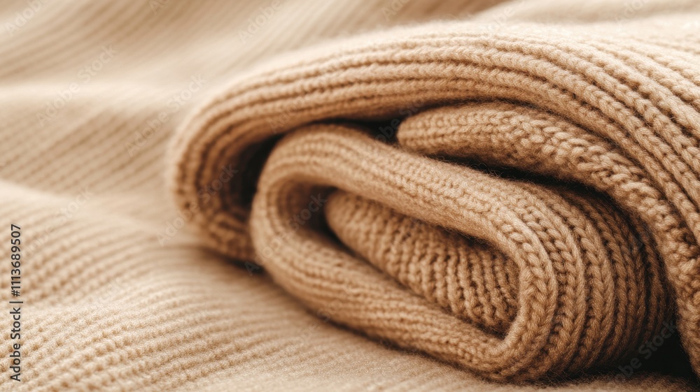 Cozy woolen sweater folded neatly on soft fabric minimalist lifestyle setting warm tones close-up view Cozy woolen sweater folded neatly on soft fabric minimalist lifestyle setting warm tones close-up view