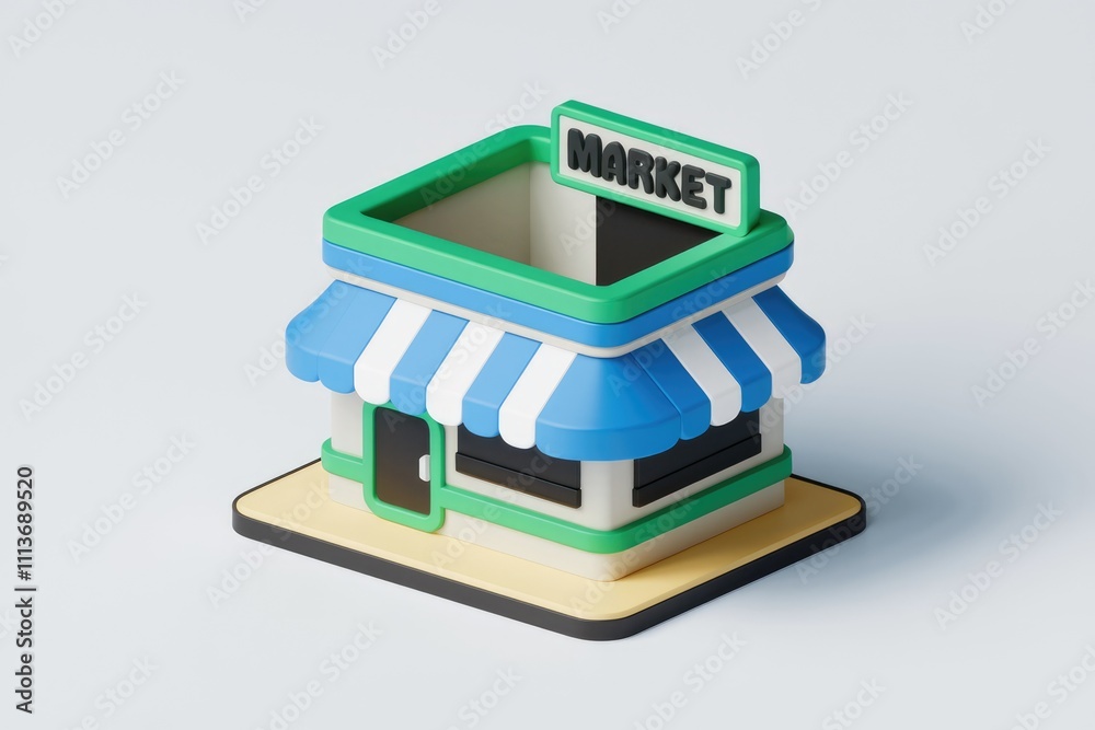 A 3D model of a small shop with a striped awning. A 3D model of a small shop with a striped awning.