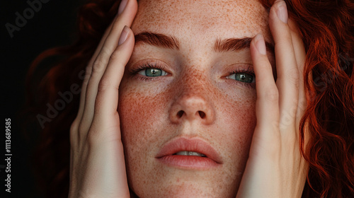 Retrato de mujer pelirroja con pecas y mirada intensa, sosteniendo su rostro con ambas manos sobre fondo oscuro. photo