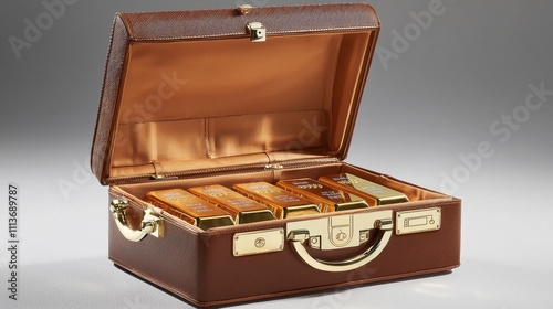 A luxurious brown leather case with a gold clasp, featuring an open lid and compartments, ideal for storing valuable items or accessories.