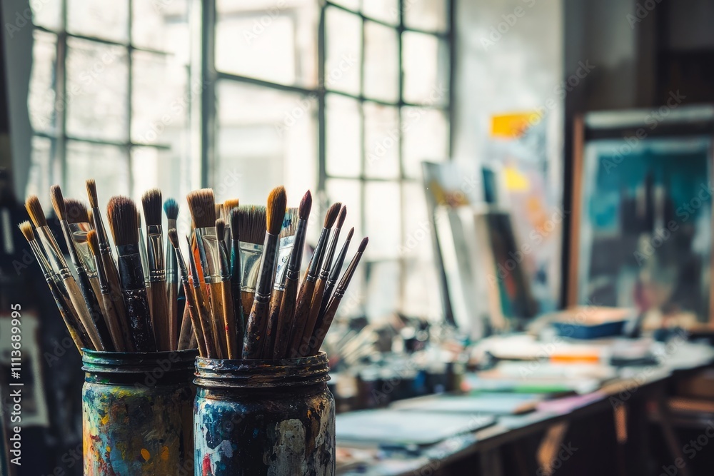 Art studio filled with brushes and tools for creative projects during the day. Generative AI Art studio filled with brushes and tools for creative projects during the day. Generative AI