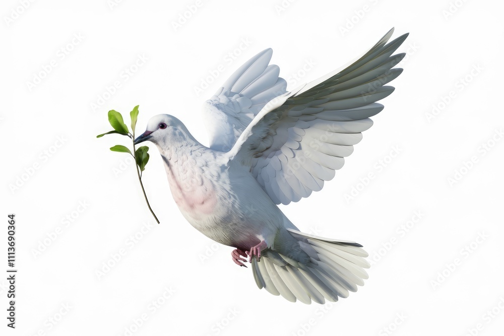 Fototapeta premium A white dove in flight carrying a sprig of green leaves symbolizing peace.