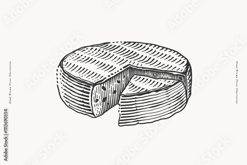 Hand-drawn vintage illustration of a whole cheese wheel with a slice cut out, in engraving style.