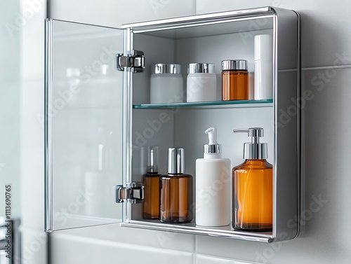 A childproof medicine cabinet in a bright bathroom
