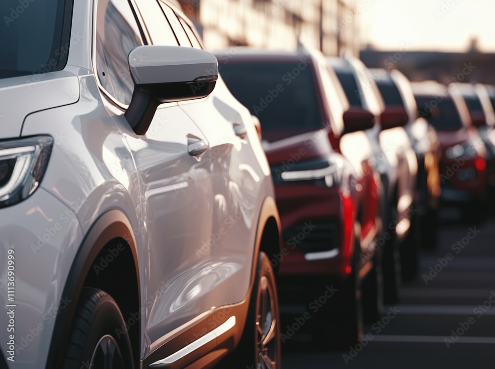 A row of cars parked on the side, all different models and colors. an open car park with other vehicles in the distance. A row of cars parked on the side, all different models and colors. an open car park with other vehicles in the distance.