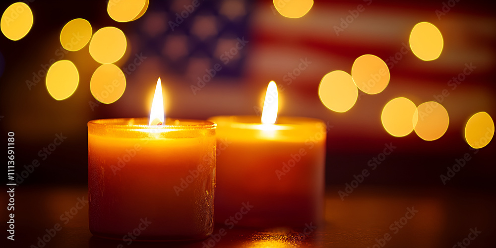 Lit Candles with American Flag and Bokeh Lights Background
Lit Candles with American Flag and Bokeh Lights Background