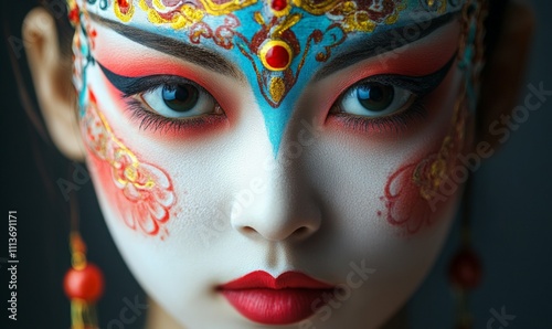 Close up portrait woman wearing a Peking opera headdress with intricate details and vibrant colors.  cultural promotion, theatrical event,  Chinese opera. photo