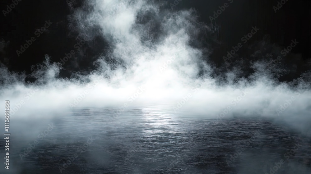 Fototapeta premium Dark, mysterious scene with bright light reflecting on a foggy water surface.