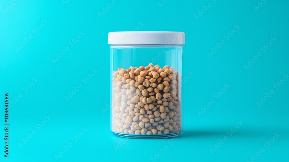 A glass jar with a white lid, filled with light brown cereal on a blue background. A glass jar with a white lid, filled with light brown cereal on a blue background.