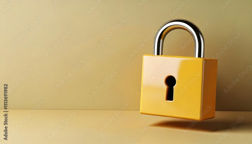 A shiny yellow padlock hangs against a plain beige background, symbolizing security and protection. A shiny yellow padlock hangs against a plain beige background, symbolizing security and protection.