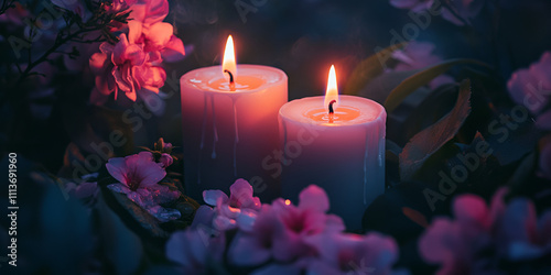 Lit Candles Surrounded by Pink Flowers for a Romantic Atmosphere