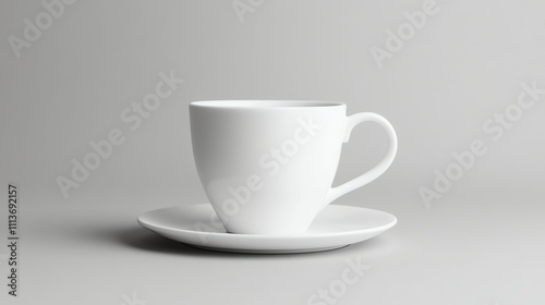 A white coffee cup with a saucer on a grey background.