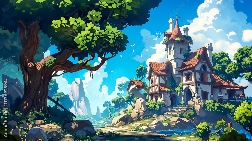 Obraz premium Game Level Backgrounds: Various settings designed for video games, including landscapes, interiors, and fantasy worlds.
