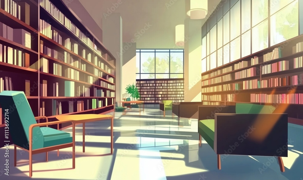 Modern library interior with sunlight, spacious layout, bookshelves, comfortable seating, and greenery
