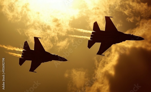 A photograph depicts two fighter jets in the sky, with one silhouette flying high and another flying low below, against a cloudy background. The sun is shining through the clouds above them