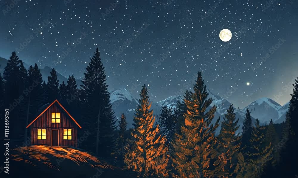 A cozy cabin illuminated at night under a starry sky and bright moon. A cozy cabin illuminated at night under a starry sky and bright moon.