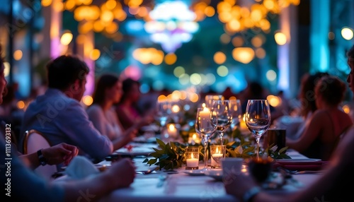 A event dinner with guests seated and a blurred background to enhance the elegance and atmosphere of the occasion and beauty of evening