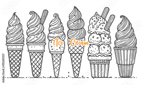 Black and White Hand-Drawn Ice Cream Vector Illustration with Cones and Popsicles