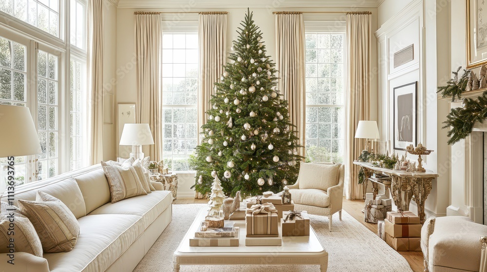 Cozy and Elegant Living Room Decorated with Christmas Tree Surrounded by Festive Decorations and Warm Lighting for a Holiday Atmosphere