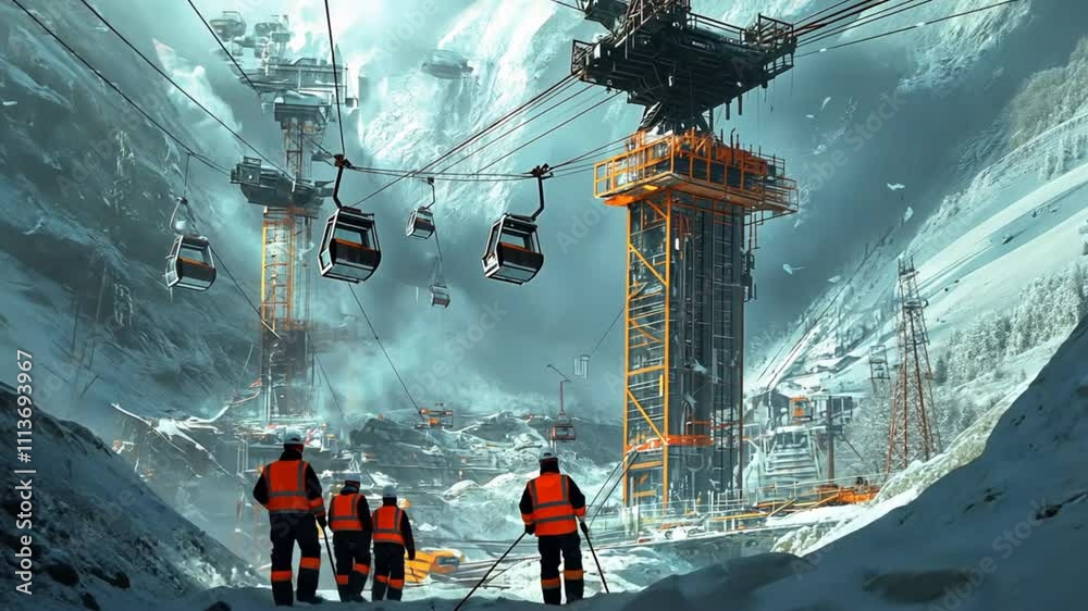 A high-tech construction site for a mountain cable car system, where workers secure the steel cables to the pylons. Drones hover around, surveying the structure's integrity.