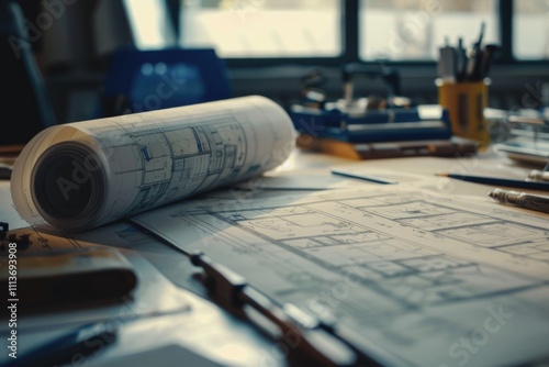 Architectural blueprints and blueprint rolls and a drawing instruments on the worktable