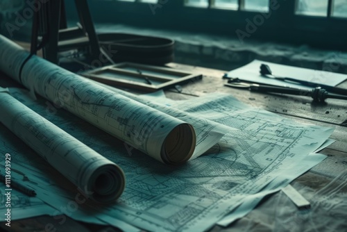 Architectural blueprints and blueprint rolls and a drawing instruments on the worktable