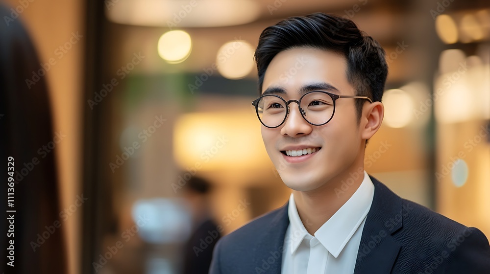 Smiling Man in Glasses Looking Off to the Side Smiling Man in Glasses Looking Off to the Side