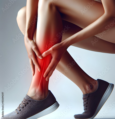 A person man feeling leg pain. Concept of leg pain or cramps. photo