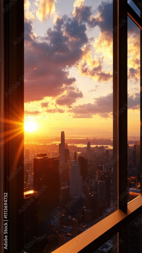 A breathtaking city skyline at sunset viewed through a window, with dramatic clouds and a warm glow illuminating the buildings. A breathtaking city skyline at sunset viewed through a window, with dramatic clouds and a warm glow illuminating the buildings.
