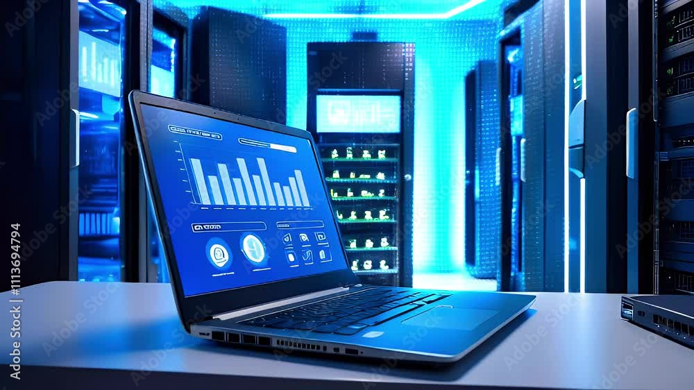 A laptop displaying data analytics in a modern server room. A laptop displaying data analytics in a modern server room.