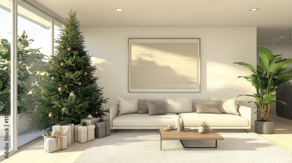 Cozy and Modern Living Room Decorated for the Holiday Season Featuring a Christmas Tree, Gifts, and Natural Light Streaming Through Large Windows Cozy and Modern Living Room Decorated for the Holiday Season Featuring a Christmas Tree, Gifts, and Natural Light Streaming Through Large Windows