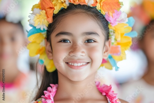 Santa Marian Kamalen Day Celebration with Children in Traditional Chamorro Attire under Tropical Skies - A Festive Scene Suited for Easter, Carnival, and Cultural Heritage Events photo