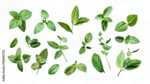 A vibrant assortment of fresh green mint leaves, showcasing various shapes and textures against a clean background.