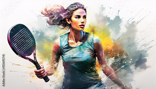 Wallpaper Mural Watercolor of a woman padel tennis player in action, surrounded by a vibrant burst of energy. Generative Ai. Torontodigital.ca