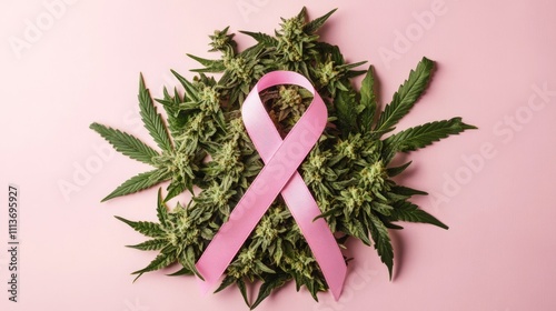 Pink ribbon on marijuana leaves, breast cancer awareness.