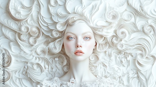 Porcelain doll-like woman with swirling white hair and ornate background.