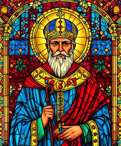 Stained Glass Art of Saint Nicholas Holding a Bishop’s Staff
