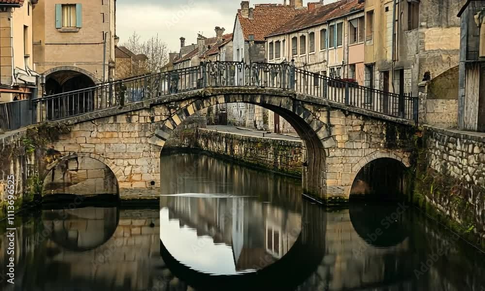 A picturesque stone bridge reflecting in calm water, surrounded by quaint buildings. A picturesque stone bridge reflecting in calm water, surrounded by quaint buildings.