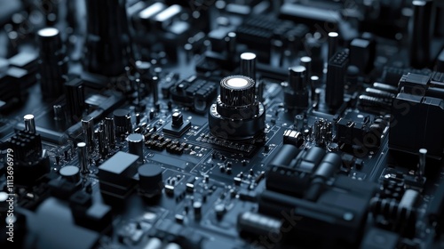 Close-up of a complex black circuit board with intricate electronic components and metallic textures.