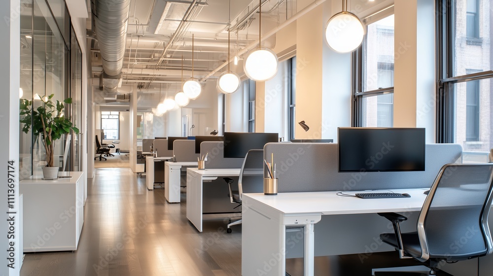 Fototapeta premium Modern office space featuring sleek desks and bright lighting in a contemporary urban environment