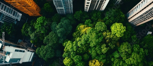 Aerial view of lush green trees contrasting with urban buildings, showcasing nature within a city environment.