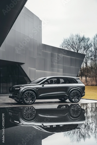 Luxury SUV parked by modern building reflecting on water