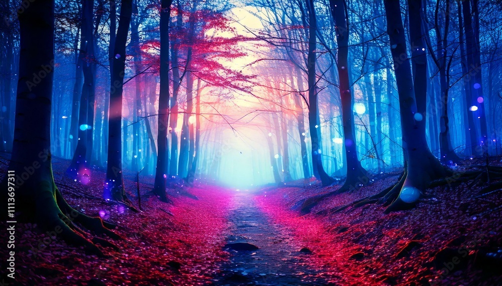 Fototapeta premium 幻想的な森,夜の森,神秘的な風景,魔法の光,夢の世界,鮮やかな色彩,暗い森,光る葉,ファンタジーアート,赤い道,青い光,幻想的な自然,霧の森,異世界の風景,ロマンチックな雰囲気