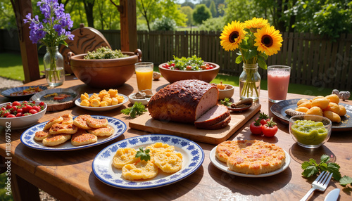 Delicious outdoor dining setup with various dishes, sunflowers, and fruits in a vibrant summer setting