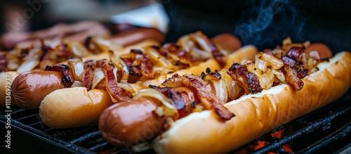 American street vendor selling popular Freshly cooked hot dogs with caramelized onions and bacon photo