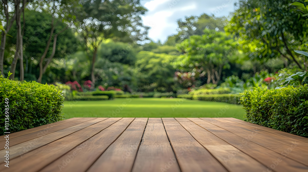 A serene garden view from a wooden deck, showcasing lush greenery and vibrant flowers. A serene garden view from a wooden deck, showcasing lush greenery and vibrant flowers.