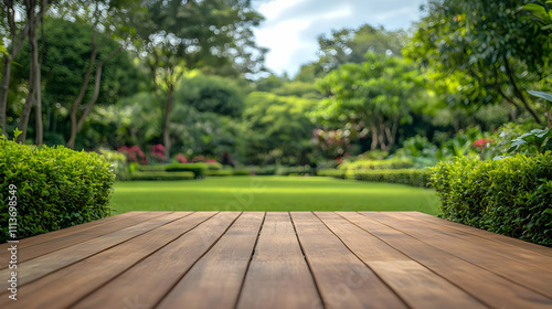 A serene garden view from a wooden deck, showcasing lush greenery and vibrant flowers.