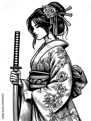 samurai woman in a kimono with katana, adorned with intricate details sketch engraving generative ai fictional character PNG illustration. Scratch board imitation. Black and white image. photo