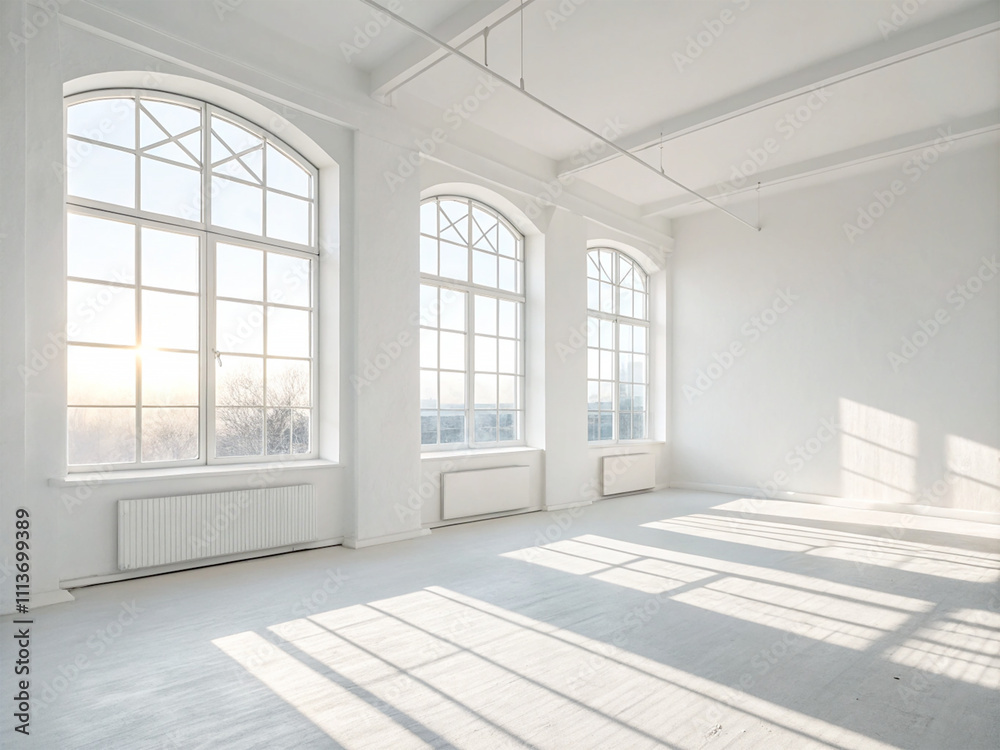 Fototapeta premium A minimalist white empty room, natural light streaming through windows, and modern home decor.