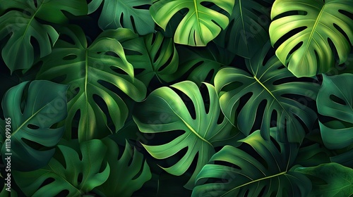 A vibrant display of lush green Monstera leaves creating a tropical atmosphere.